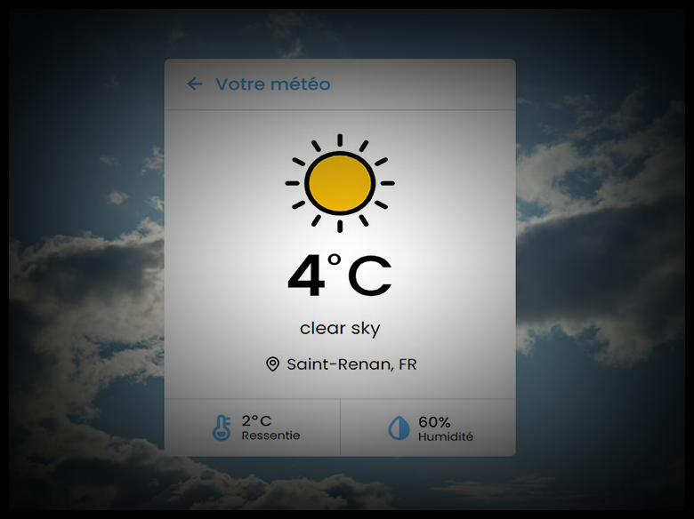 Capture d'ecran de l'appli station meteo avec geolocalisation